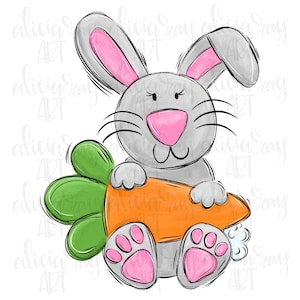 May include: A gray bunny rabbit with pink ears and paws is holding a green-topped orange carrot. The bunny is sitting on a white background.