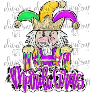 May include: A purple, green, and gold Mardi Gras nutcracker with a white beard and a black and white checkered background. The text "Mardi Gras" is written in purple letters.