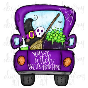 Halloween Witch Truck Sublimation PNG Design | Hand Drawn | Digital Download | Whimsical fall truck | Witch | Spider | Trick or Treat