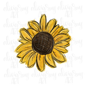 Pode incluir: Uma ilustração em aquarela de um girassol amarelo com um centro marrom. O girassol é desenhado de uma forma simples e estilizada, com algumas pétalas sobrepostas.