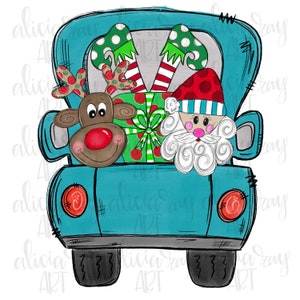 May include: A blue vintage pickup truck with a red-nosed reindeer, Santa Claus, and two elves in the back. The truck is decorated with Christmas lights and a red bow.