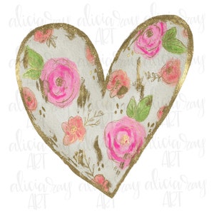 Valentine Sublimation Design | Hand Drawn Heart PNG Design | Digital File Download | Watercolor | Roses | Gold Foil