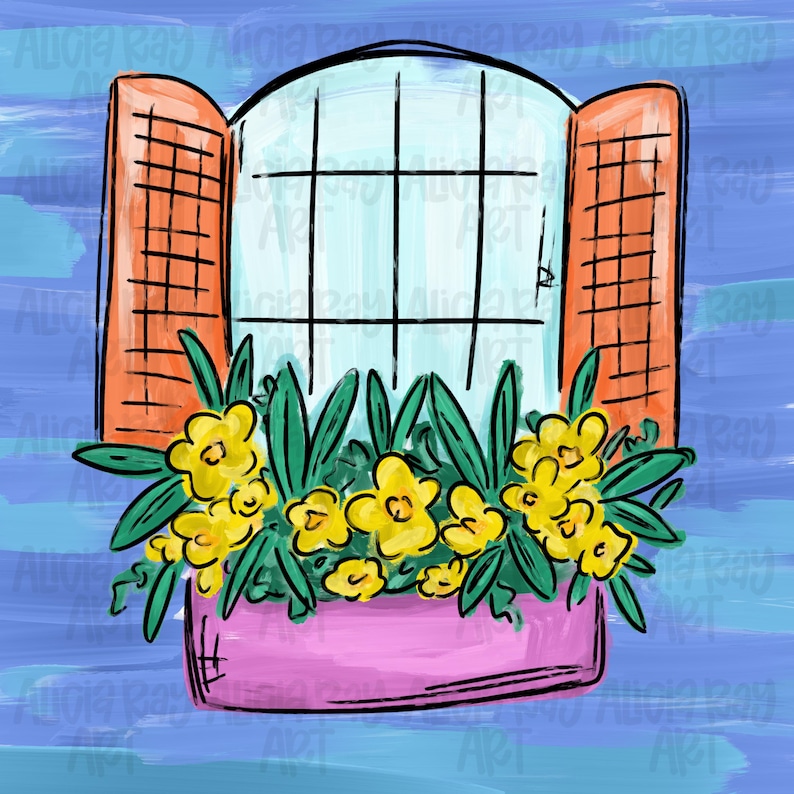 May include: Digital illustration of a window with open orange shutters. The window has a grid pattern and a light blue background. A pink flower box is filled with yellow flowers and green leaves. The background is blue.