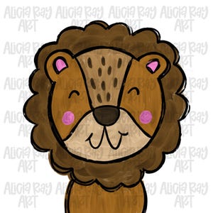 May include: A cartoon lion's face illustration with a brown mane and a tan face with brown spots. It has pink ears and cheeks, and a black outline. The text "Alicia Ray ART" is repeated around the image.