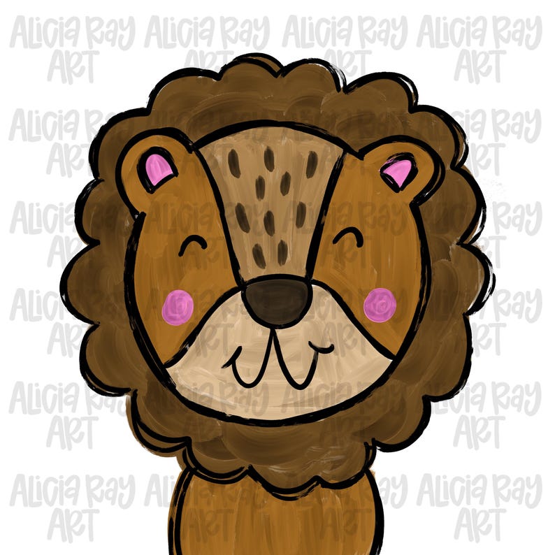 May include: A cartoon lion's face illustration with a brown mane and a tan face with brown spots. It has pink ears and cheeks, and a black outline. The text "Alicia Ray ART" is repeated around the image.
