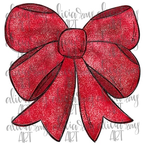May include: A large red glitter bow with a black outline. The bow is tied in a knot and the ends are flowing.