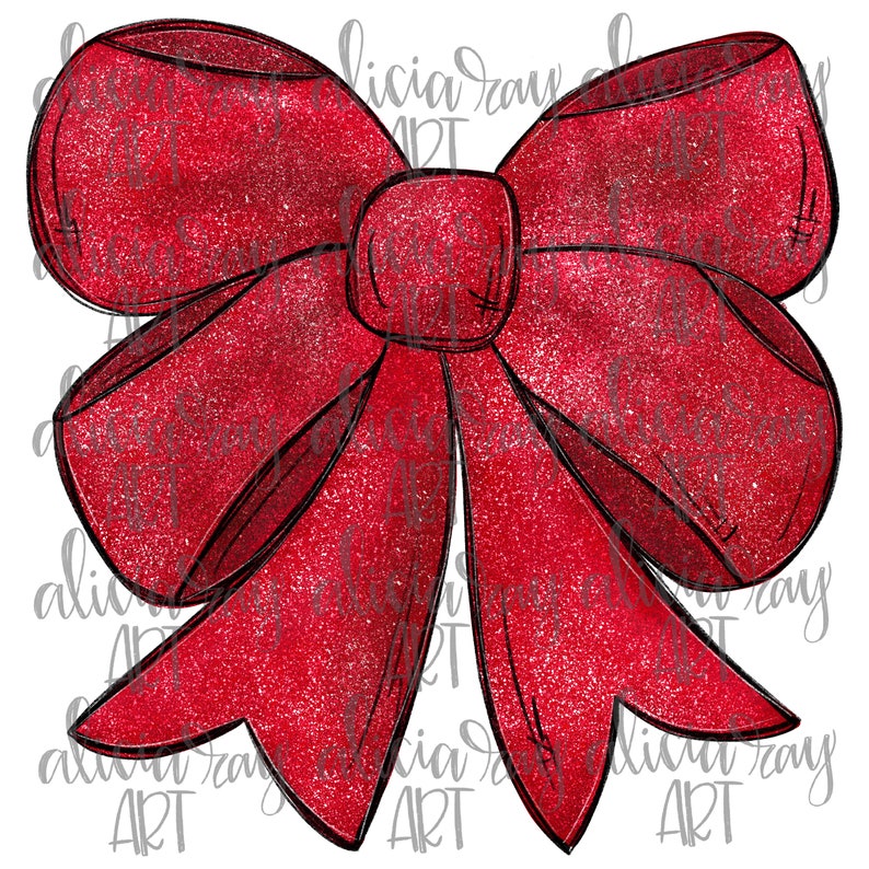 May include: A large red glitter bow with a black outline. The bow is tied in a knot and the ends are flowing.