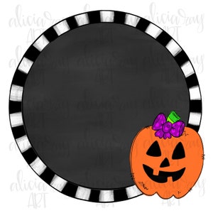May include: A black and white striped circle frame with a blank chalkboard center. A smiling orange pumpkin with a purple bow is on the right side of the frame.