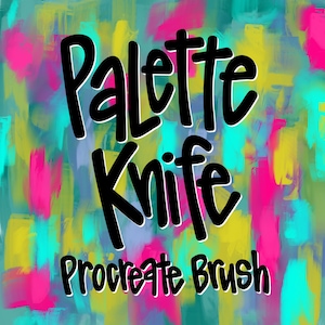 Puede incluir: Un fondo abstracto colorido con el texto "Palette Knife Procreate Brush" en letras negras en negrita.