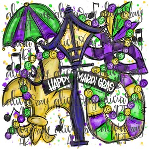 Mardi Gras Sublimation PNG Design | Hand Drawn | Digital Download | Printable Art | Louisiana | Happy Mardi Gras | Fleur De Lis