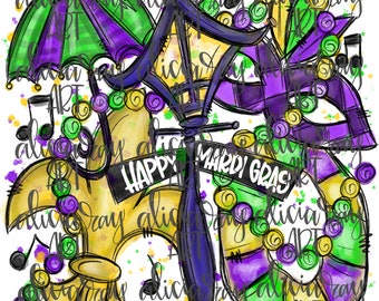 Mardi Gras Sublimation PNG Design | Hand Drawn | Digital Download | Printable Art | Louisiana | Happy Mardi Gras | Fleur De Lis