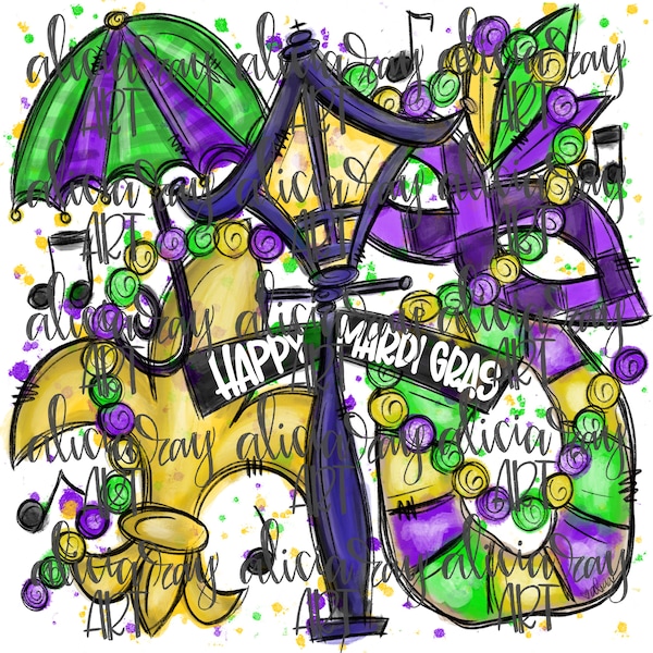 Mardi Gras Sublimation PNG Design | Hand Drawn | Digital Download | Printable Art | Louisiana | Happy Mardi Gras | Fleur De Lis