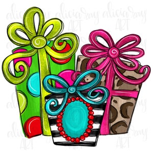 Christmas Sublimation Design | Hand Drawn | PNG Digital Download | Digital Art | Whimsical Christmas Presents | Gifts | Colorful