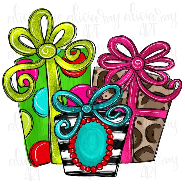 Christmas Sublimation Design | Hand Drawn | PNG Digital Download | Digital Art | Whimsical Christmas Presents | Gifts | Colorful