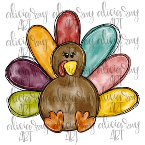 May include: A cartoon turkey with brown feathers, a brown body, and a yellow beak. The turkey has a white face with black eyes and eyelashes. The turkey's tail feathers are a variety of colors, including yellow, orange, red, purple, and blue.