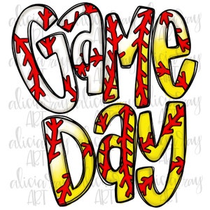May include: A white and yellow graphic with the words "Game Day" in red and black outlined letters. The letters are decorated with a softball pattern.