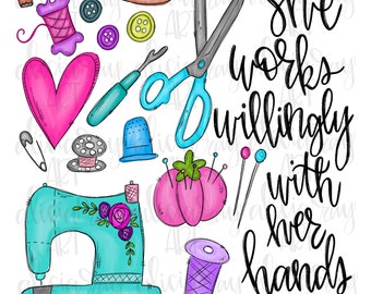 Sewing Sublimation PNG Design | Proverbs 31:13 | Hand Drawn Digital Download | Printable Artwork | Digital Art | sew | Christian