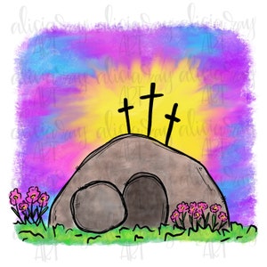 Op de afbeelding: Een digitale illustratie van een stenen graf met een grote, weggewikkelde steen, drie kruisen achter het graf en een kleurrijke zonsondergang op de achtergrond. Roze bloemen bevinden zich op de voorgrond.