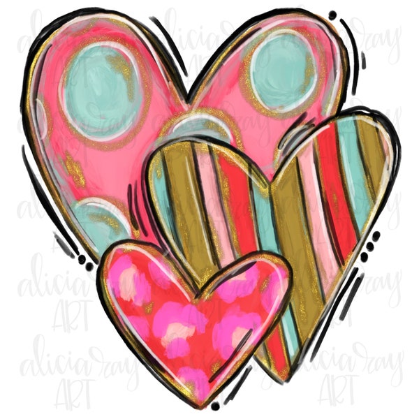 Valentine Sublimation Design Digital Download | Hand Drawn Printable Art | Hand Painted PNG File | t-shirt design | whimsical hearts