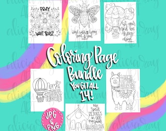 Coloring Page Bundle | Digital Download | Hand Drawn Illustration | Adult Coloring Pages | Bible Verse | Growth Group Activity