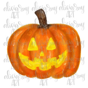 May include: A hand-painted orange pumpkin with a carved jack-o'-lantern face. The pumpkin has a brown stem and yellow eyes, nose, and mouth.