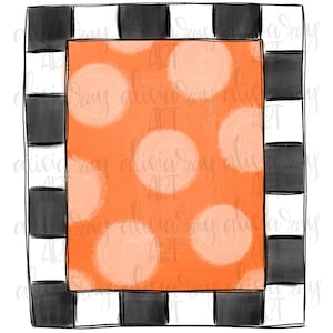 May include: Orange and white checkered digital paper with a black border and a pattern of white circles on an orange background. The text "alicia ray art" is repeated throughout the image.
