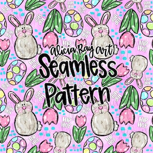 May include: A seamless pattern featuring a pink background with pastel colored Easter eggs, bunnies, tulips, and the text "Alicia Ray art Seamless Pattern" in black.