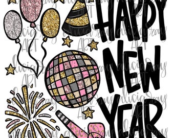 May include: A digital illustration of a New Year's Eve party with a disco ball, party hats, confetti, and fireworks. The text "Happy New Year" is written in black.