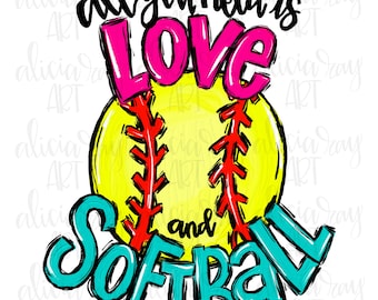 Softball Sublimation Design | Hand Drawn Baseball PNG Design | Digital File Download | Sports | School Team | Love and Softball