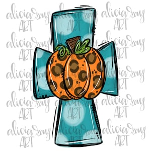 Op de afbeelding: Een turquoiseblauw kruis met witte stippen en een bruin-oranje pompoen met een luipaardprint in het midden.