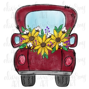 Sunflower Truck Sublimation Design | Hand Drawn | Cute Fall PNG Design | Digital Download | Digital Art | Truck with sunflowers and cotton