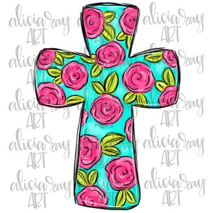 Floral Cross Sublimation Design | Christian | Hand Drawn | PNG Digital Download | Towel Design | Shirt Design | Cross | Bible Verse