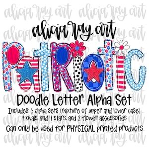 Conjunto de letras patrióticas desenhadas à mão com alfabeto alfa para download digital | Letras de rabiscos de A a Z | Pacote Alfa da América Patriótica Preppy