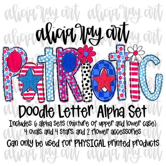 Patriotic Hand Drawn Doodle Letter Alpha Set Digital Download | A-Z doodle letters | Preppy Patriotic America Alpha Pack