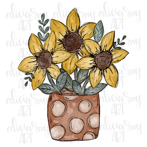 Op de afbeelding: Een boeket van drie gele zonnebloemen met bruine centra in een bruine stippenvaas met groene bladeren.