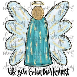 Puede incluir: Un ángel azul turquesa con alas doradas con purpurina y un halo. El ángel tiene un halo dorado y el texto "Gloria a Dios en las alturas" está escrito debajo del ángel.