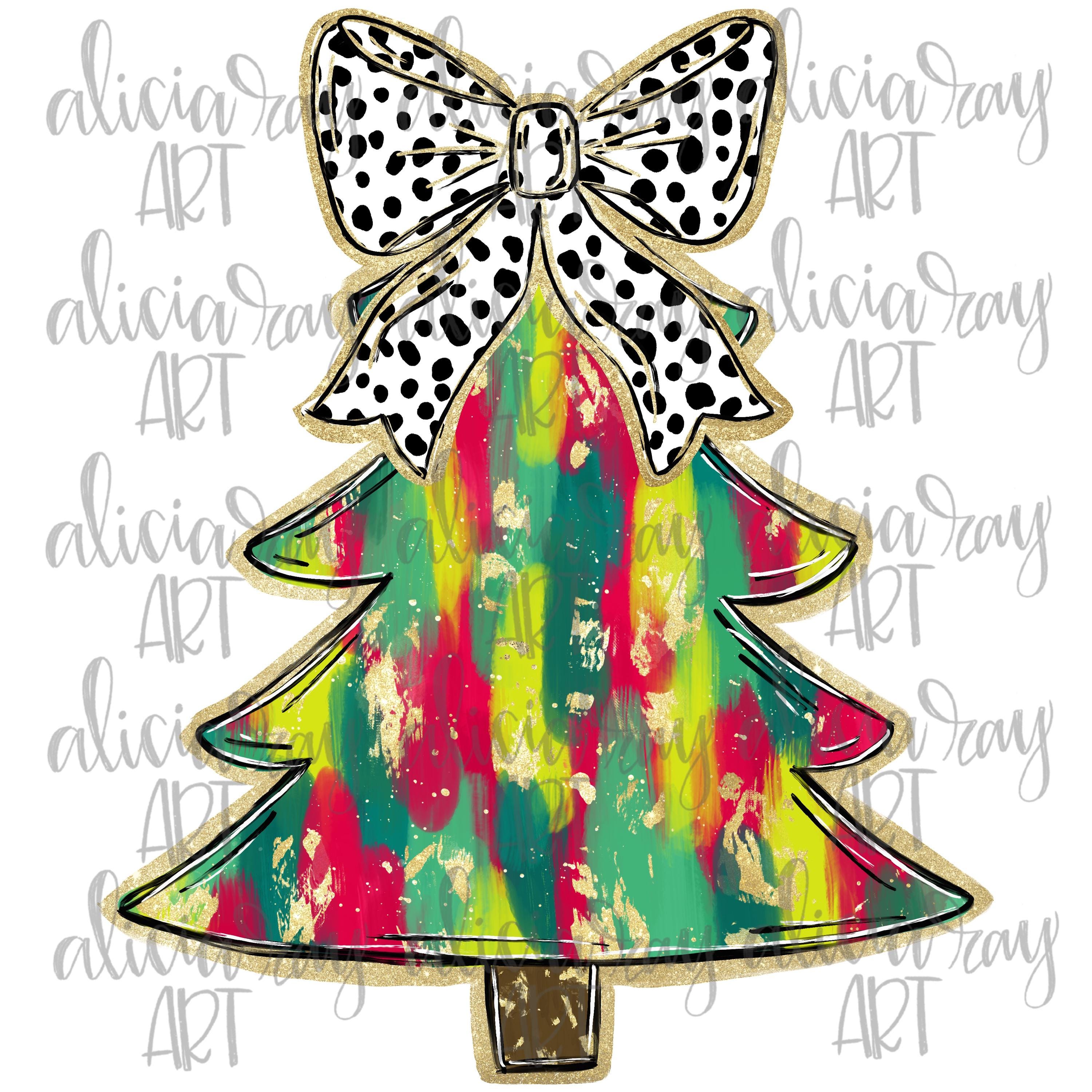 Christmas Tree PNG Design Digital Download | Hand Drawn | Tshirt design | Preppy Brushstrokes | Gold Glitter Foil | DTF | Coquette Bow