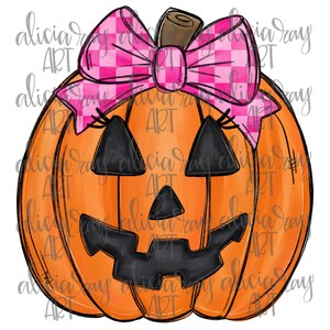May include: A cartoon-style orange pumpkin with a carved face and a pink and white checkered bow. The pumpkin has black triangle eyes and a carved smile. The stem is brown. The image has the text "alicia ray ART" in a watermark.