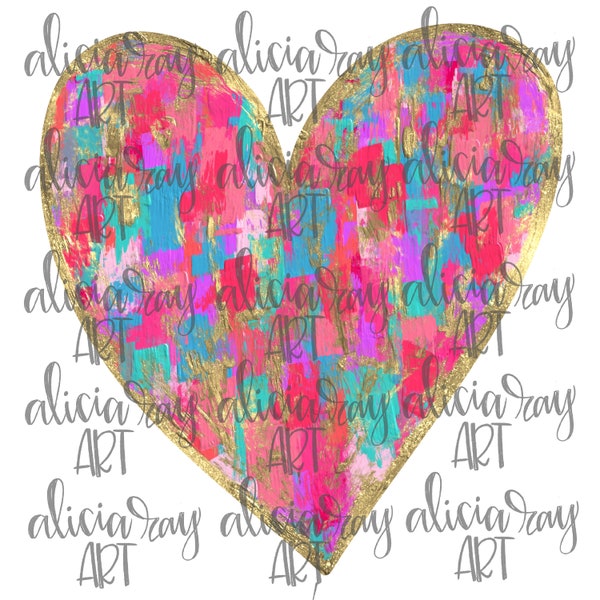 Valentine PNG Digital Download | Hand Drawn Digital Design | Sublimation Download | Colorful Painted Heart | Textured Paint | Gold foil