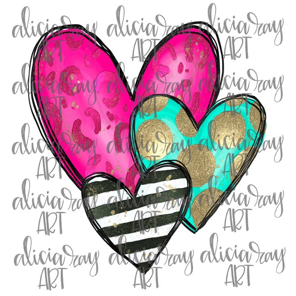 Valentine PNG Digital Download | Hand Drawn Digital Design | Sublimation Download | Whimsical Hearts | Painted Hearts | Leopard | cheetah