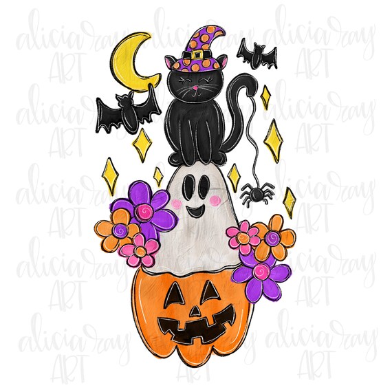 Fall Halloween Floral PNG Digital Download | Hand Drawn Sublimation Printable Art | Whimsical | Pumpkin Patch | Flowers Ghost | Black Cat
