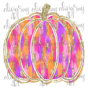 以下が含まれることがあります： 金色のグリッターの輪郭を持つ水彩の南瓜。南瓜はピンク、オレンジ、紫の色合いで描かれています。