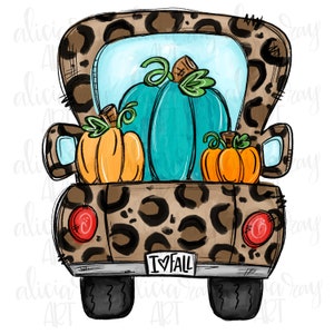 May include: A brown and black leopard print pickup truck with a teal pumpkin and two orange pumpkins in the bed. The truck has a red license plate that says "I ♥ FALL".