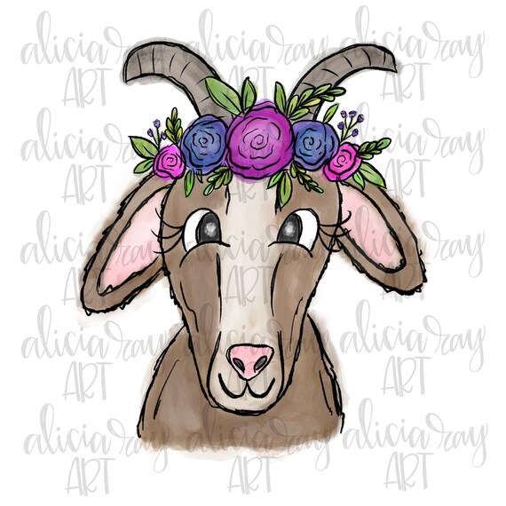 Goat Sublimation PNG Design | Cute Goat PNG | Hand Drawn | Digital Download | Printable Art | Digital Art | Animal with flower crown
