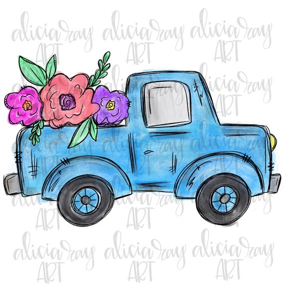 Hand drawn car with flowers illustration on transparent background