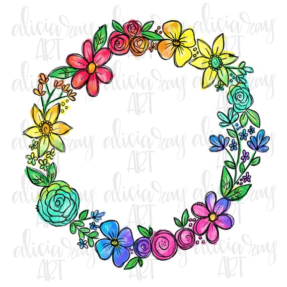 Rainbow Floral Wreath Sublimation Design Hand Drawn Png Etsy Singapore