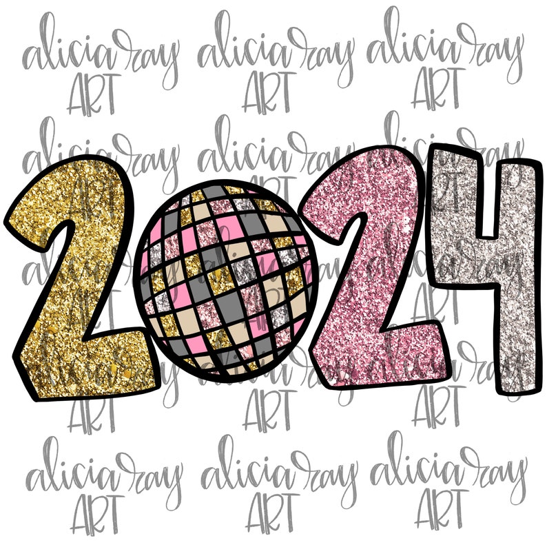 May include: Gold, pink, and silver glitter numbers 2024 with a pink, gold, and gray glitter disco ball in between the 0 and the 2.