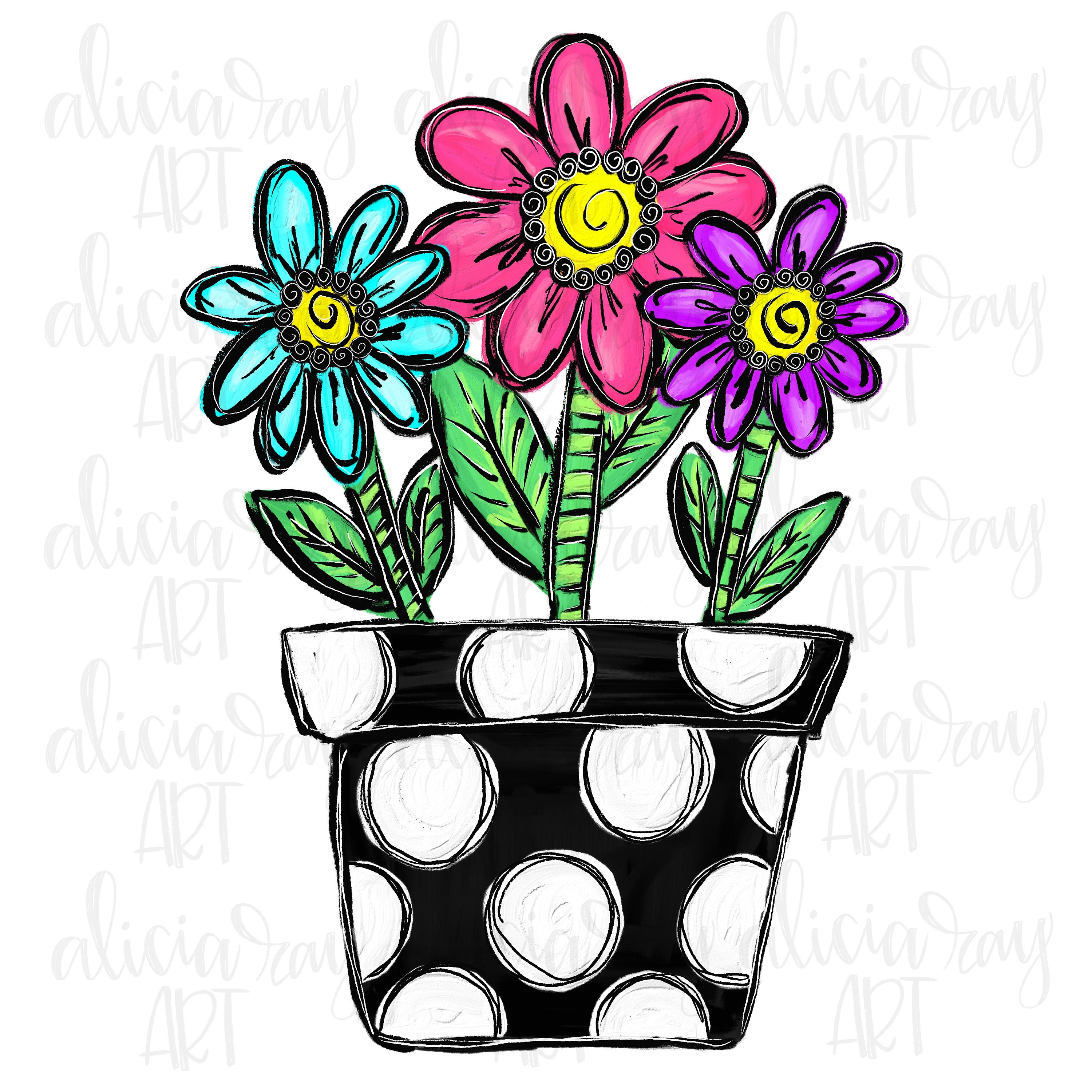 COLORED PENCIL drawing pink flowers in turquoise color pot | eBay