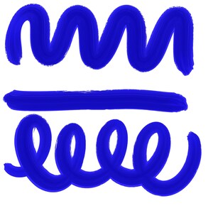 May include: Three abstract blue brushstrokes on a white background. The strokes include a wavy line, a straight line, and a looped spiral. The image has a simple, artistic design.