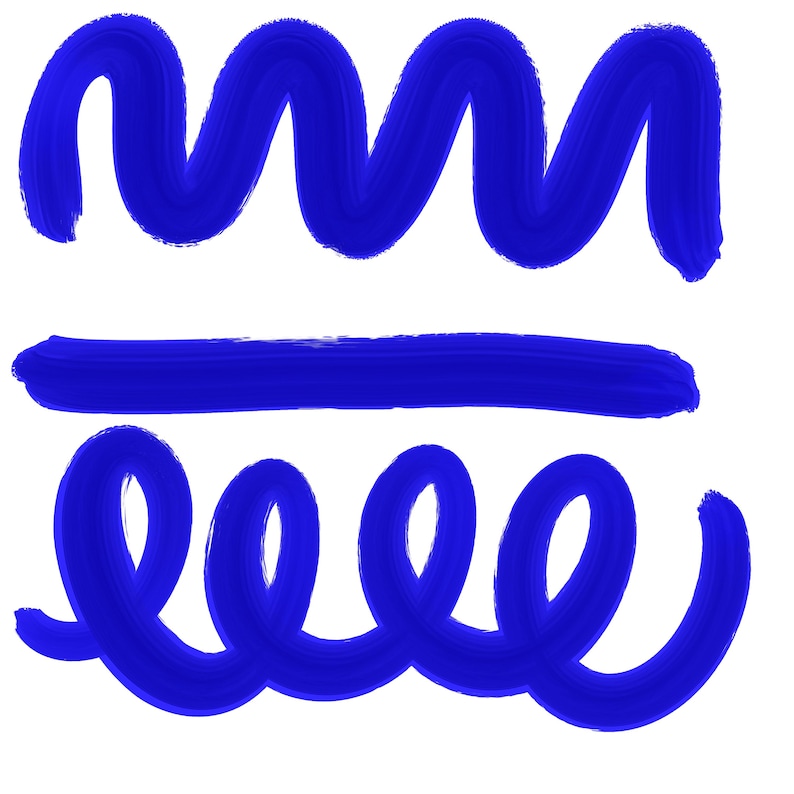 May include: Three abstract blue brushstrokes on a white background. The strokes include a wavy line, a straight line, and a looped spiral. The image has a simple, artistic design.